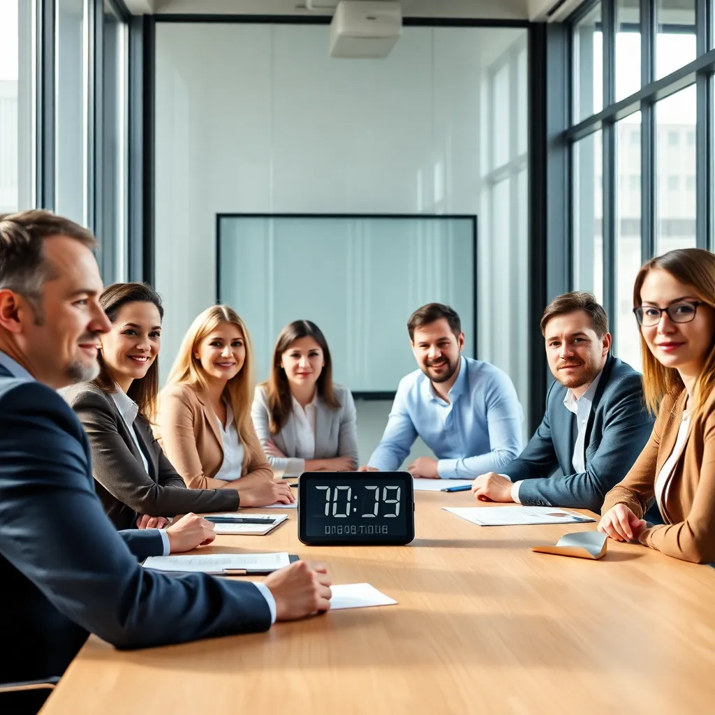 Vergadering met timer op tafel in modern Nederlands kantoor