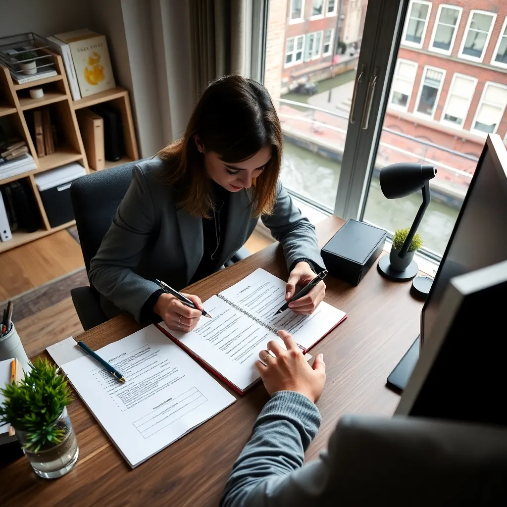 Persoon die SMART-doelen opschrijft in een Nederlands kantoor