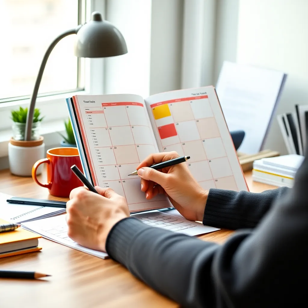 Persoon die tijdsblokken invult in een planner met kleurcodes